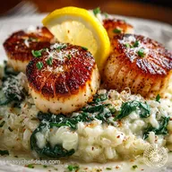 PanSeared Scallops with Creamy Lemon Risotto and Spinach