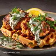 Crispy Savoury Waffles and Salmon Cakes with LemonDill Cr&egrave;me