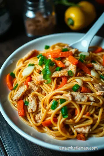 Classic Chow Mein with Stir-Fried Vegetables and Chicken presentation