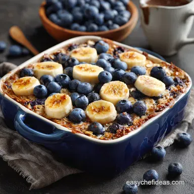 Baked Oatmeal with Blueberries and Bananas Healthy Meal Prep Bake Recipe Card