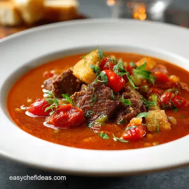 Ultimate Comfort Rich Beef Tomato and Acini Di Pepe Soup Recipe Recipe Card