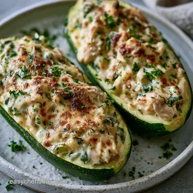 Creamy Chicken Alfredo Zucchini Boats Recipe Card