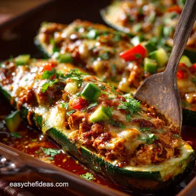 Chicken Enchilada Stuffed Zucchini Boats: Healthy Low Carb Weeknight Meal Recipe Card