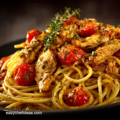 Spaghetti with Sauteed Chicken and Grape Tomatoes: 40 Min Winner Recipe Card