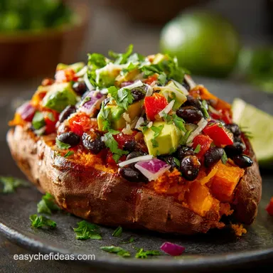 Loaded Vegetarian Baked Sweet Potato: Smoky Chipotle Black Bean Meal Recipe Card
