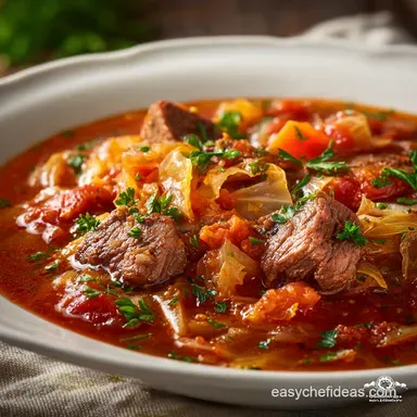 Chunky Beef Cabbage and Tomato Soup Hearty Winter Comfort Meal Recipe Card