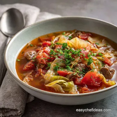 Chunky Beef Cabbage and Tomato Soup Hearty Winter Comfort Meal