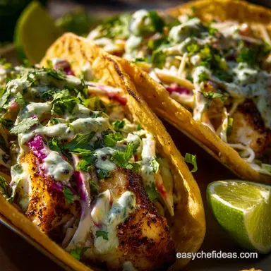 Cilantro Lime Fish Tacos: Easy Seared Recipe with Chipotle Cr&egrave;me Slaw Recipe Card