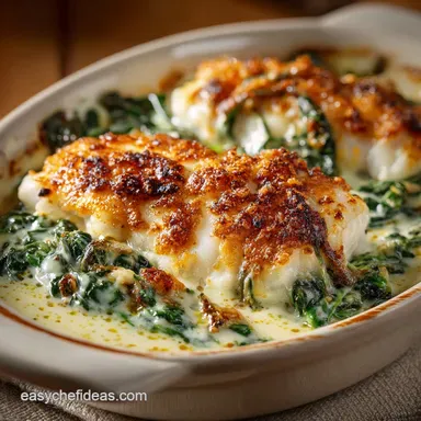 Fish Florentine Recipe Baked with Creamy Gruy&egrave;re Mornay Sauce Recipe Card