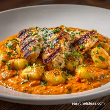 Gnocchi with Grilled Chicken in Roasted Red Pepper Sauce: Creamy Comfort Recipe Card