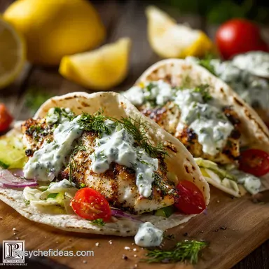 Greek Tzatziki Fish Tacos Healthy, Easy Weeknight Mediterranean Meal Recipe Card