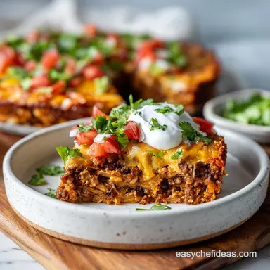 Taco Casserole with Ground Beef and Tortillas for 8 Servings Recipe Card