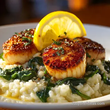 PanSeared Scallops with Creamy Lemon Risotto and Spinach Recipe Card