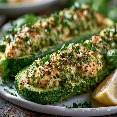Pesto Chicken Zucchini Boats in 35 Min Recipe Card
