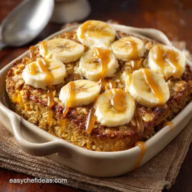 Baked Oatmeal with Pumpkin and Bananas Healthy Fall Breakfast Recipe Card