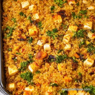Easy Veggie Dinner Ideas Roasted Halloumi Quinoa Traybake Recipe Card