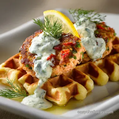Crispy Savoury Waffles and Salmon Cakes with LemonDill Cr&egrave;me Recipe Card