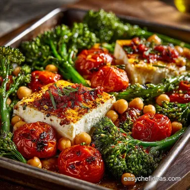 Sheet Pan Feta with Broccolini Tomato and Chickpea Healthy Veggie Dinner Recipe Card