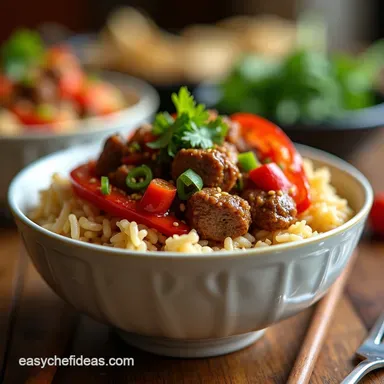 Beef and Pepper Rice Bowls Speedy Takeout Fakeaway Recipe Card
