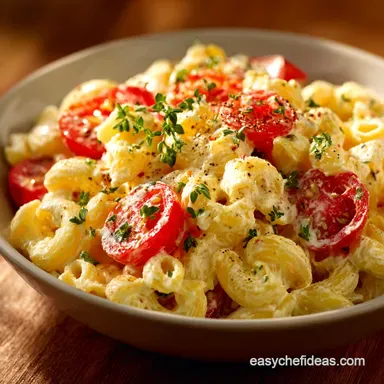 Summer Macaroni Salad with Tomatoes Creamy Tangy Picnic Side Recipe Card