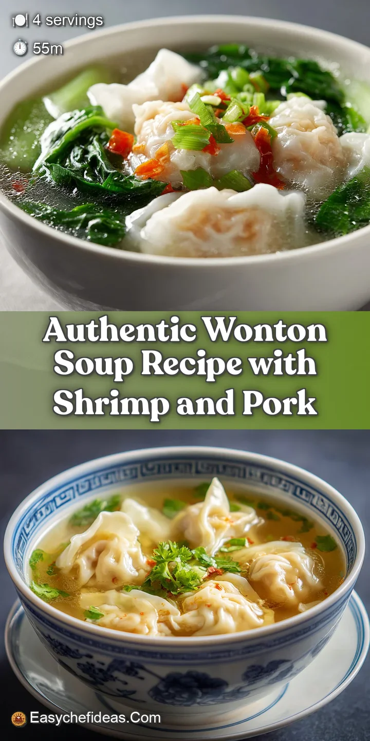 Close-up of plump, translucent wontons filled with savory meat, floating in a light broth with visible steam rising entici...