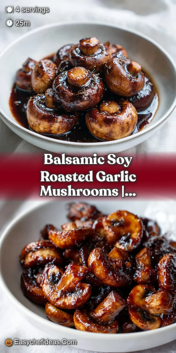 Close-up of succulent, glistening brown mushrooms coated in a thick, dark syrup with visible bits of minced garlic.