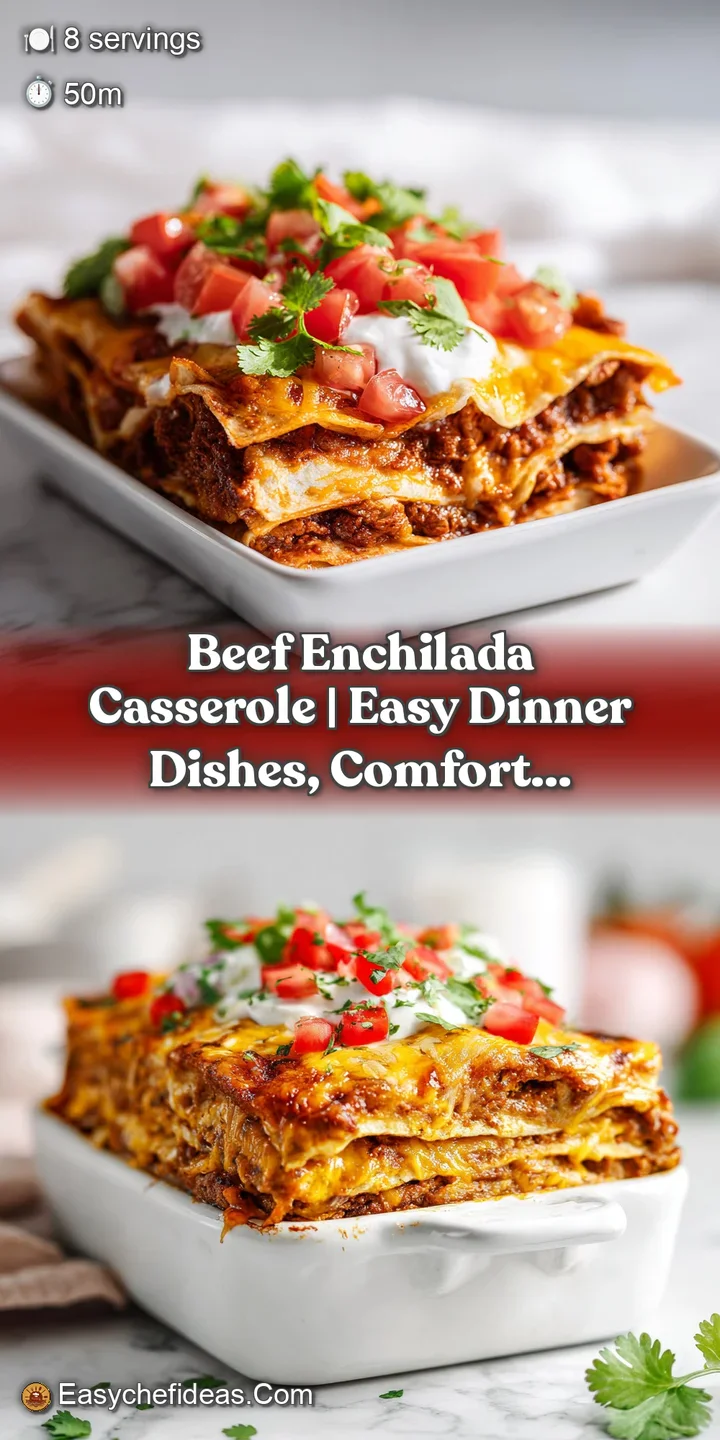 Close-up of cheesy enchilada layers with tender seasoned beef and a rich red chile sauce.