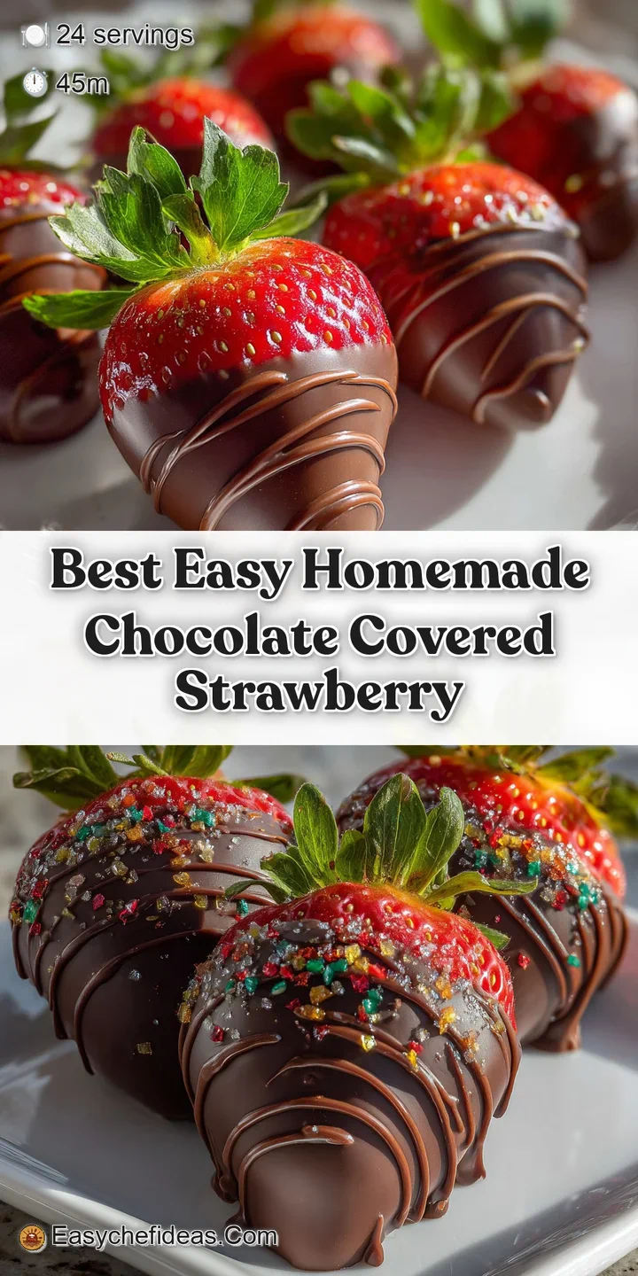 Close-up of a perfectly dipped dark chocolate strawberry, highlighting the rich, melted chocolate and the bright, succulen...