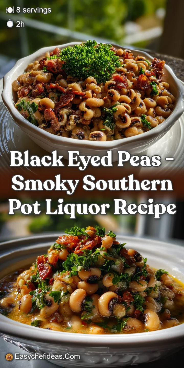 Close-up of tender black-eyed peas glistening with a savory, smoky broth. Hints of char and vibrant green herbs create vis...