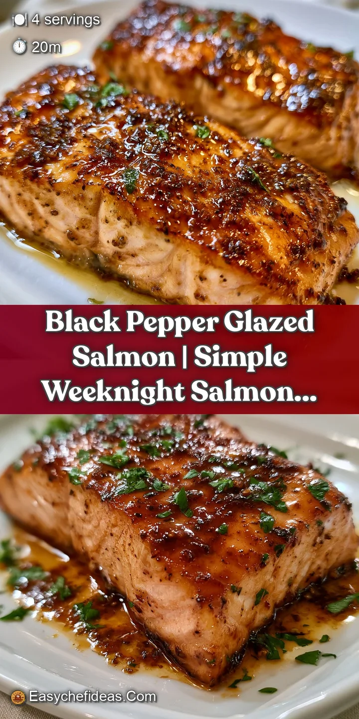 Close-up of caramelized salmon with a glossy pepper glaze and coarse black peppercorns on a tender, flaky fillet.