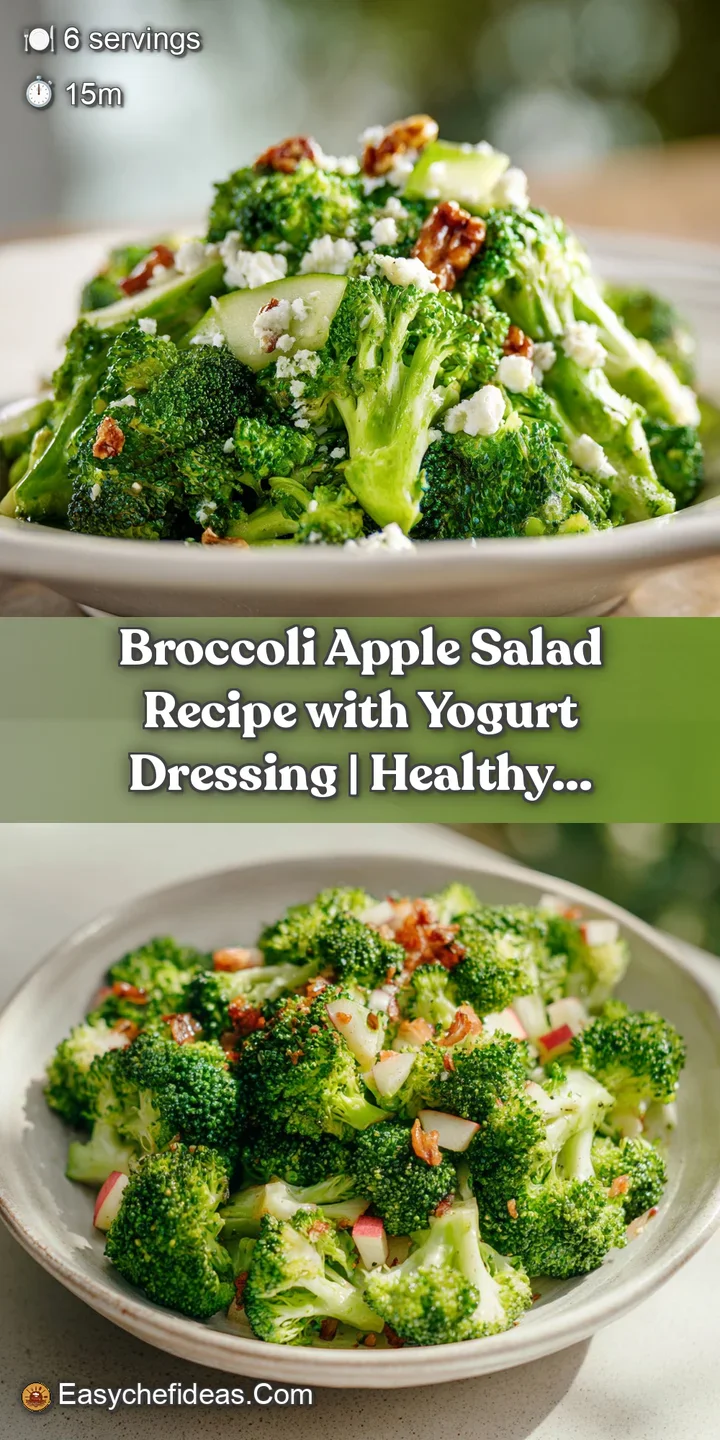 Close-up of the crunchy broccoli and juicy apple pieces, coated in a tangy yogurt dressing, a refreshing salad.