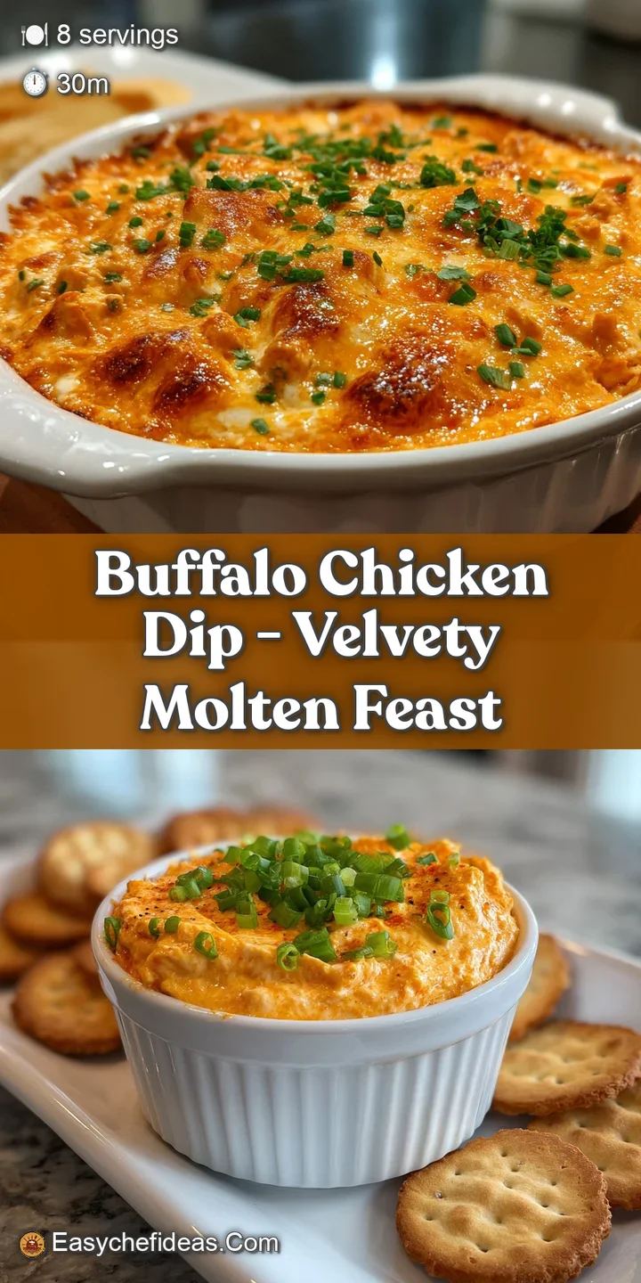 Close-up of buffalo chicken dip: golden, bubbling melted cheese with visible shredded chicken and a hint of spicy red sauce.