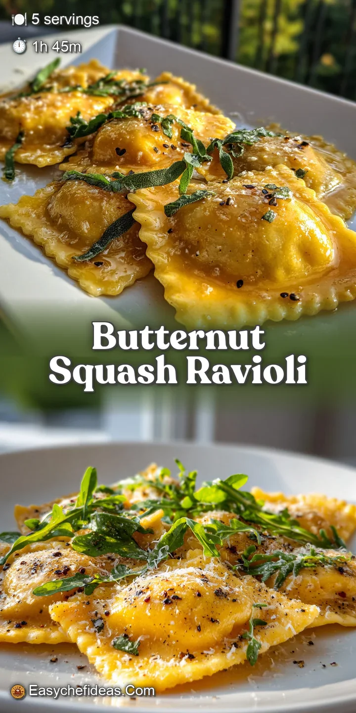 Close-up of a golden-brown baked butternut squash ravioli with crispy edges, showing the creamy filling and herb garnish d...