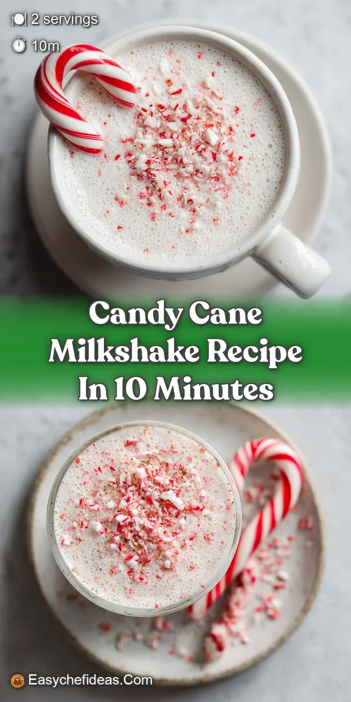 Close-up of a creamy, pastel-pink milkshake with sugary candy cane bits. Visible texture of whipped topping and a frosty g...