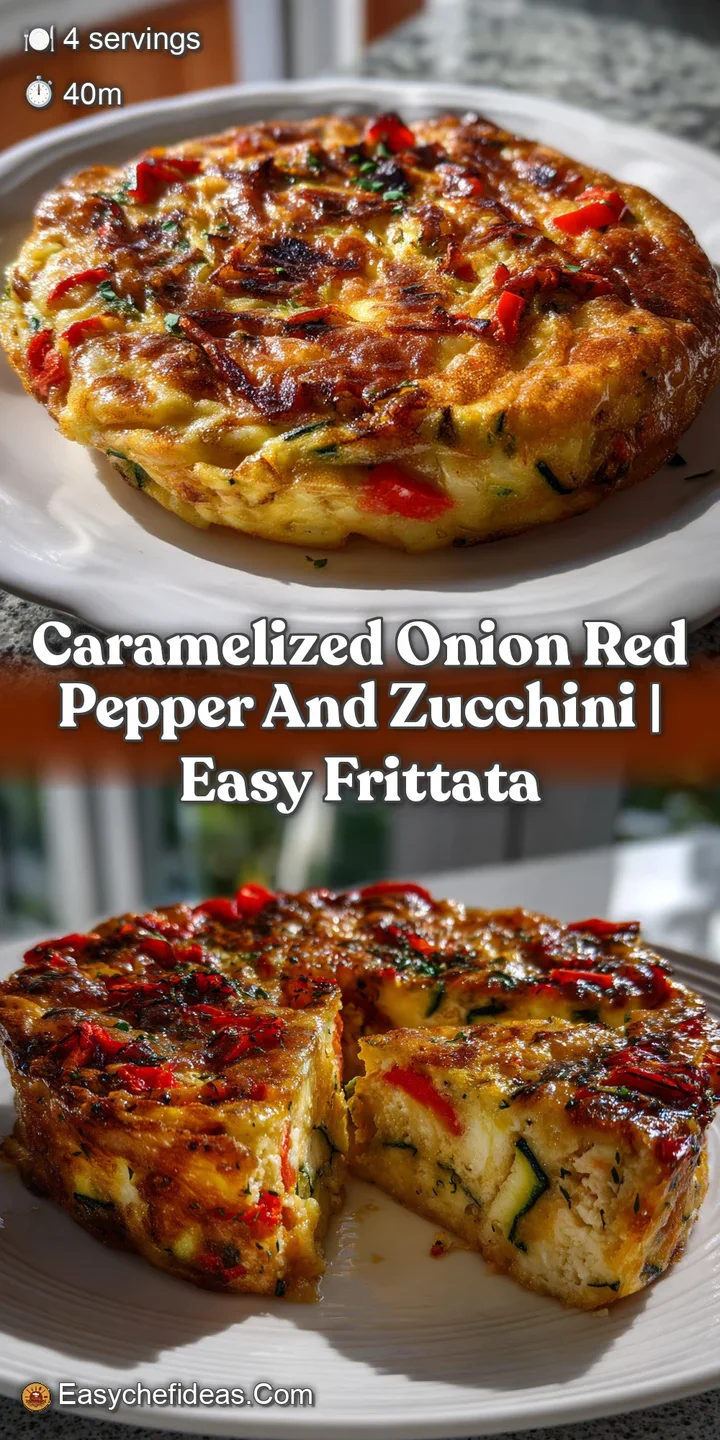 Close-up of the frittata reveals a medley of textures: soft onions, tender zucchini, and roasted red peppers, promising a ...