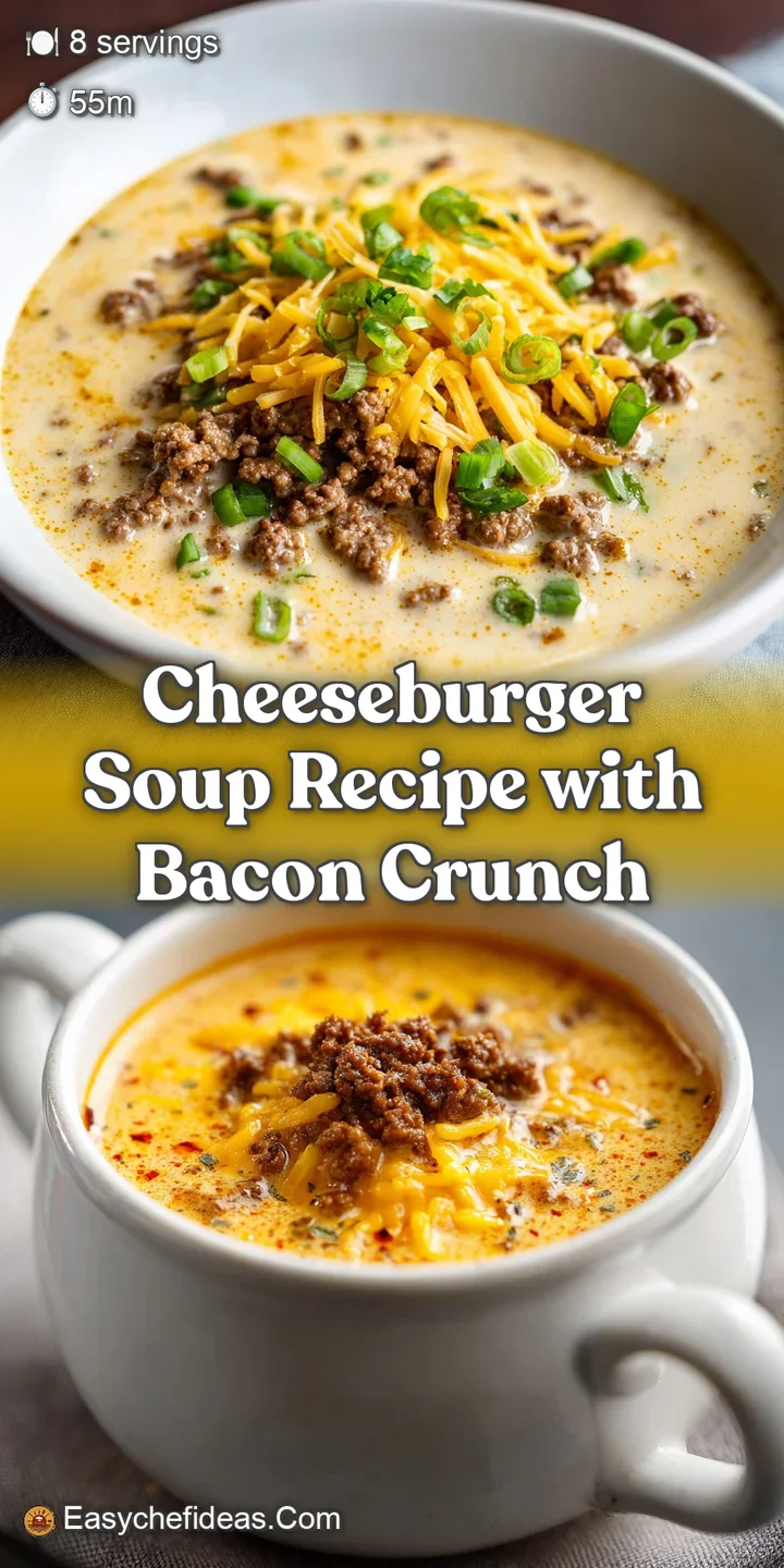 Close-up of cheeseburger soup: ground beef, melted cheese, and seasonings create an irresistible, savory texture.