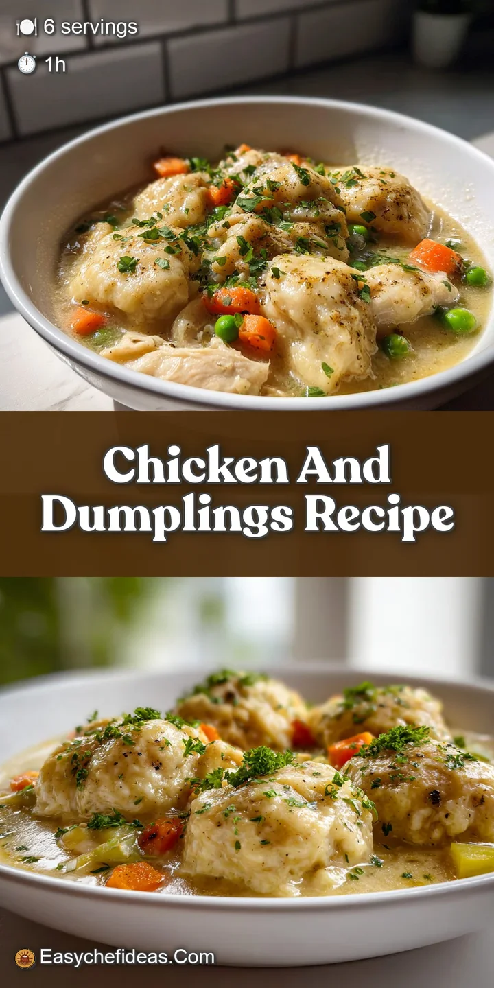Close-up: Steaming, creamy chicken and dumplings with visible shredded chicken and soft, pillowy dumplings, dotted with fr...