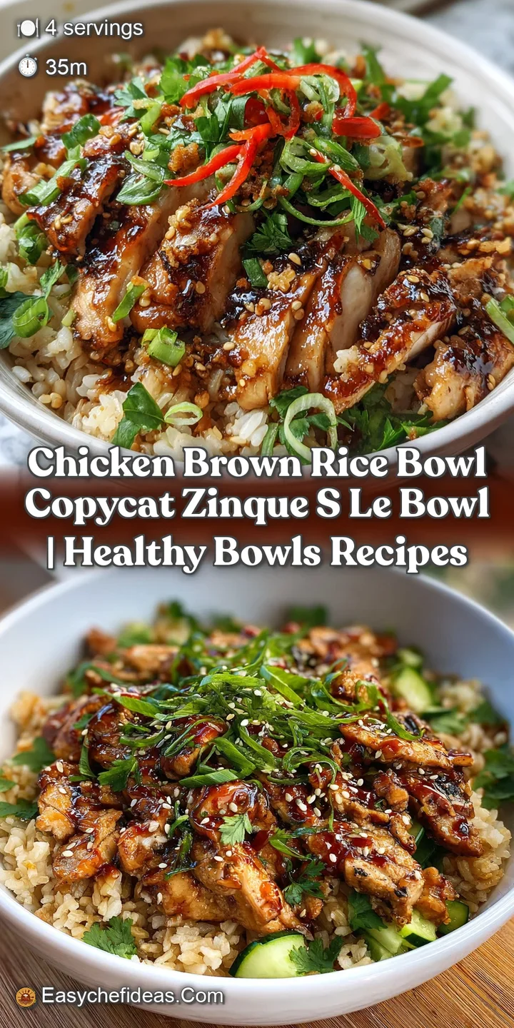 Close-up of a chicken brown rice bowl: juicy chicken pieces, creamy avocado, and brown rice, offering a textural contrast ...