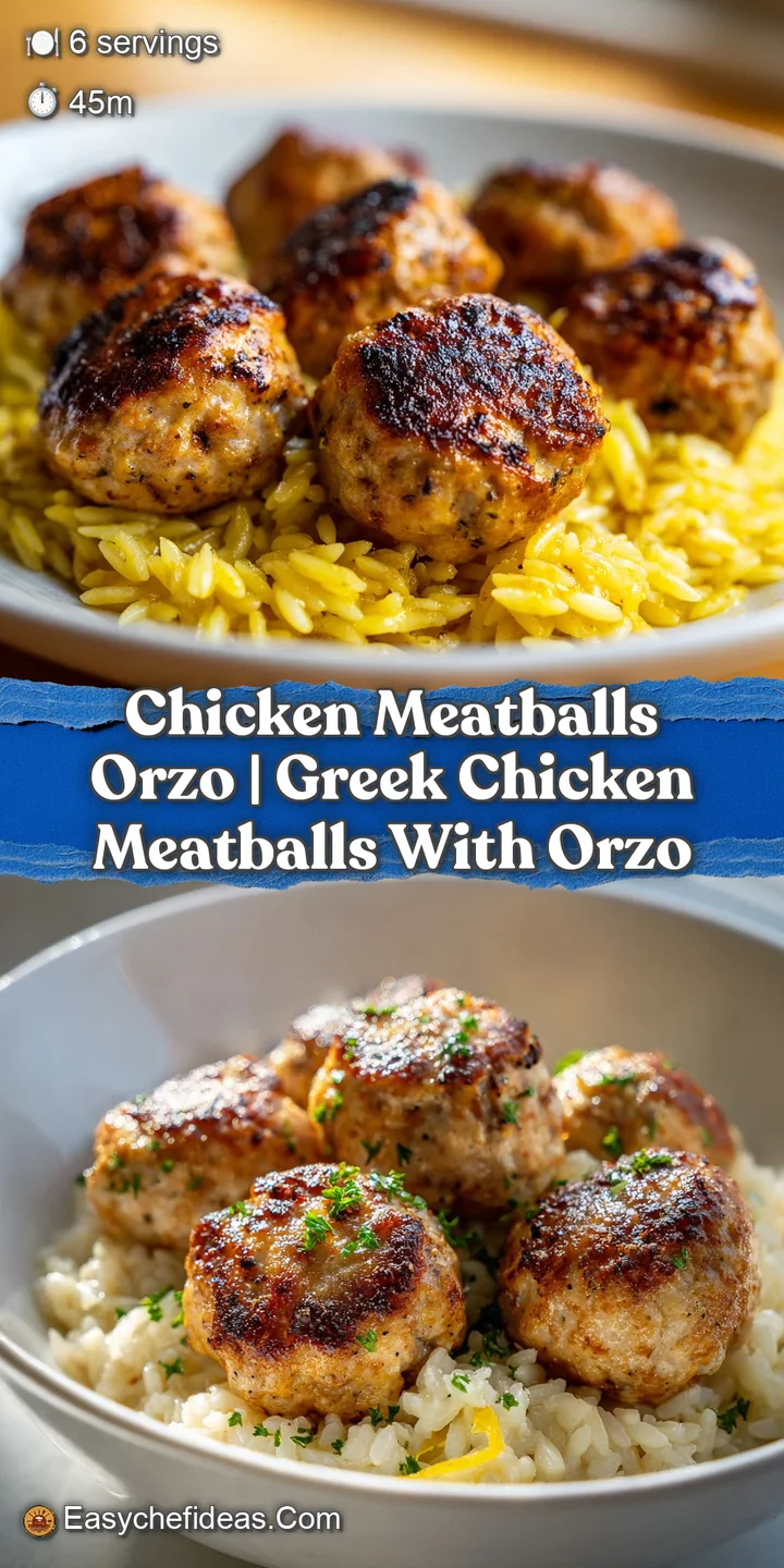 Extreme close-up of a juicy brown meatball resting on velvety cream-colored orzo with a dollop of fluffy ricotta.