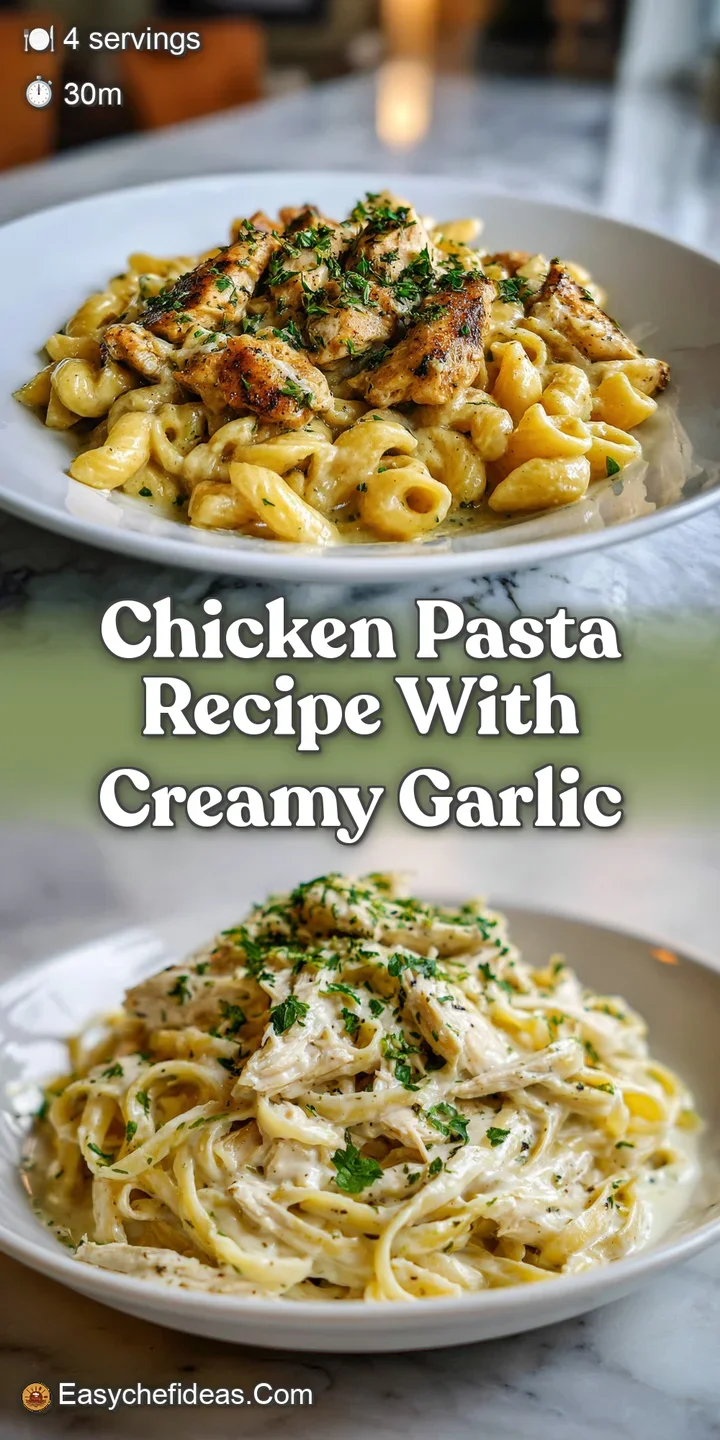 Close-up of chicken pasta, showcasing creamy garlic sauce clinging to pasta and chicken; herbs provide freshness in this a...