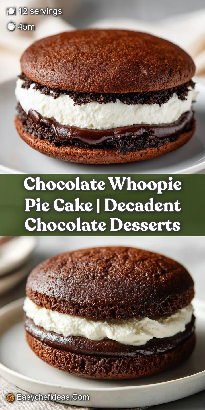 Close-up of a chocolate whoopie pie, showcasing its moist, dark cake and a generous swirl of tempting, creamy white filling.