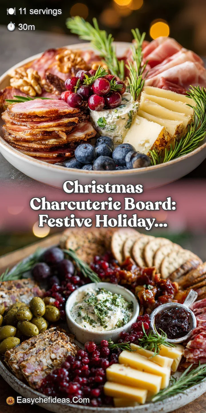 Close-up of a Christmas charcuterie board featuring creamy brie, prosciutto, and juicy red grapes, creating a mouthwaterin...