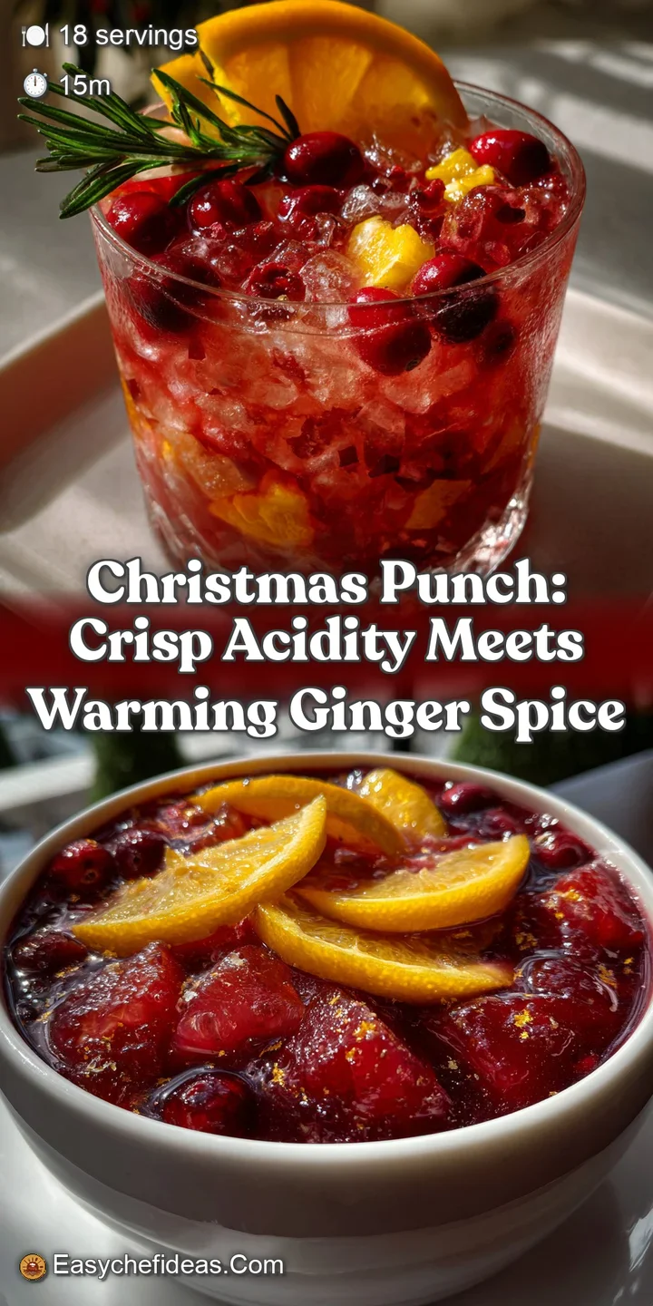 Close-up of a glass filled with sparkling Christmas punch. The bright red liquid is accented with floating citrus, glisten...