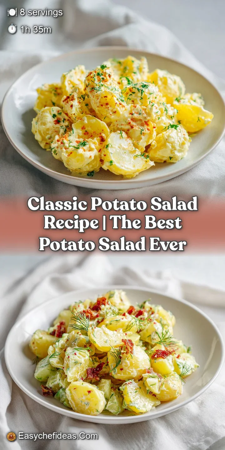 Close-up of chunky potato salad, revealing tender potato cubes and a glistening, tangy dressing.
