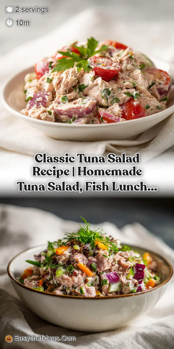 Close-up of chunky, creamy tuna salad with visible celery bits and a sprinkle of fresh parsley.