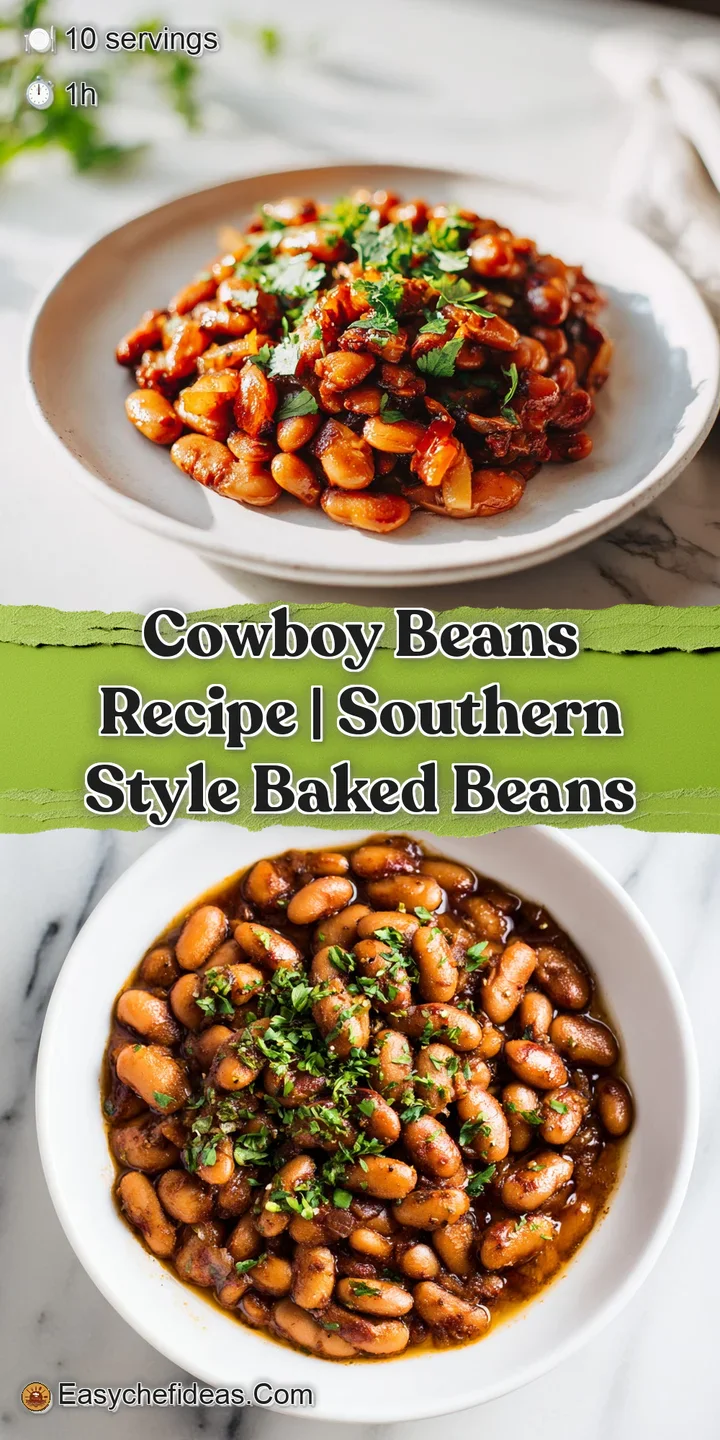 Close-up of savory cowboy beans, showcasing tender chunks of beef and bacon in a thick, smoky-red sauce. A comforting, app...