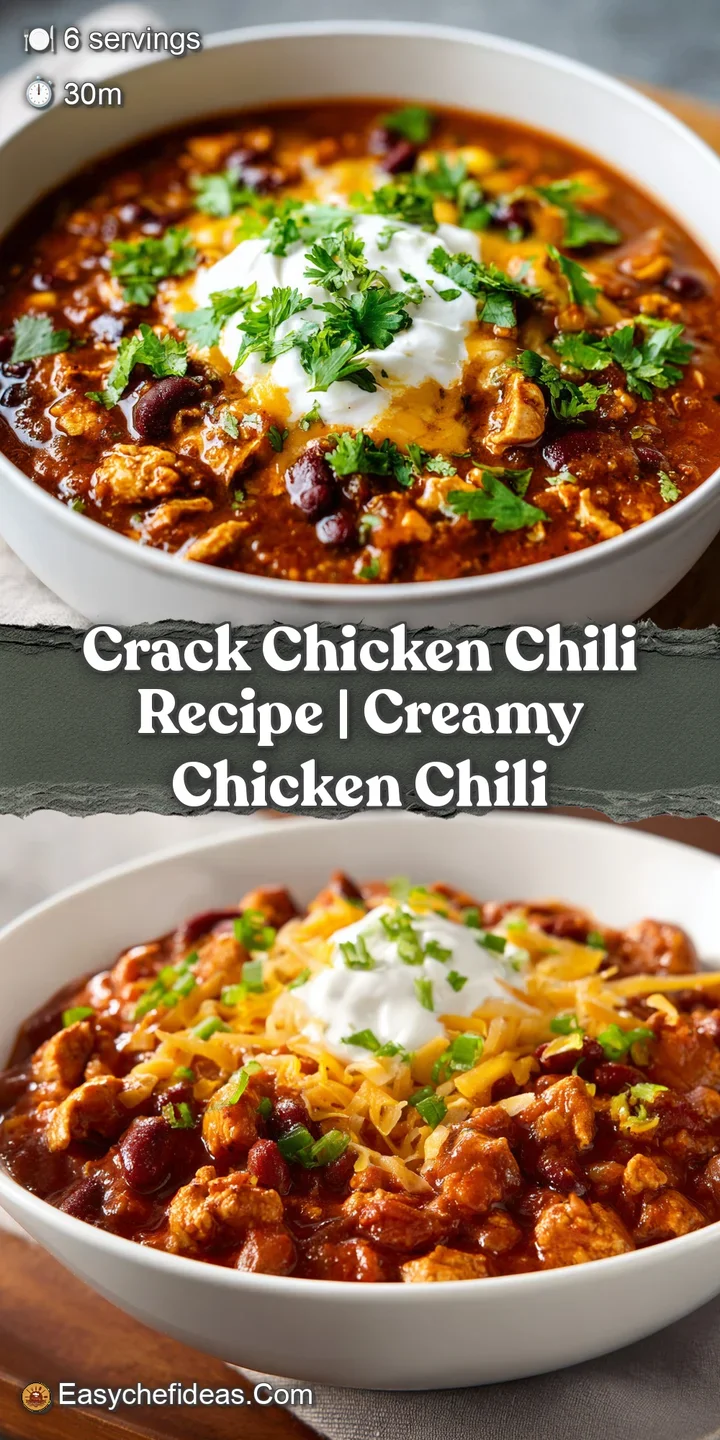 Close-up of creamy, cheesy chicken chili, the strands of chicken and bacon bits visible in the thick, flavorful broth, ste...