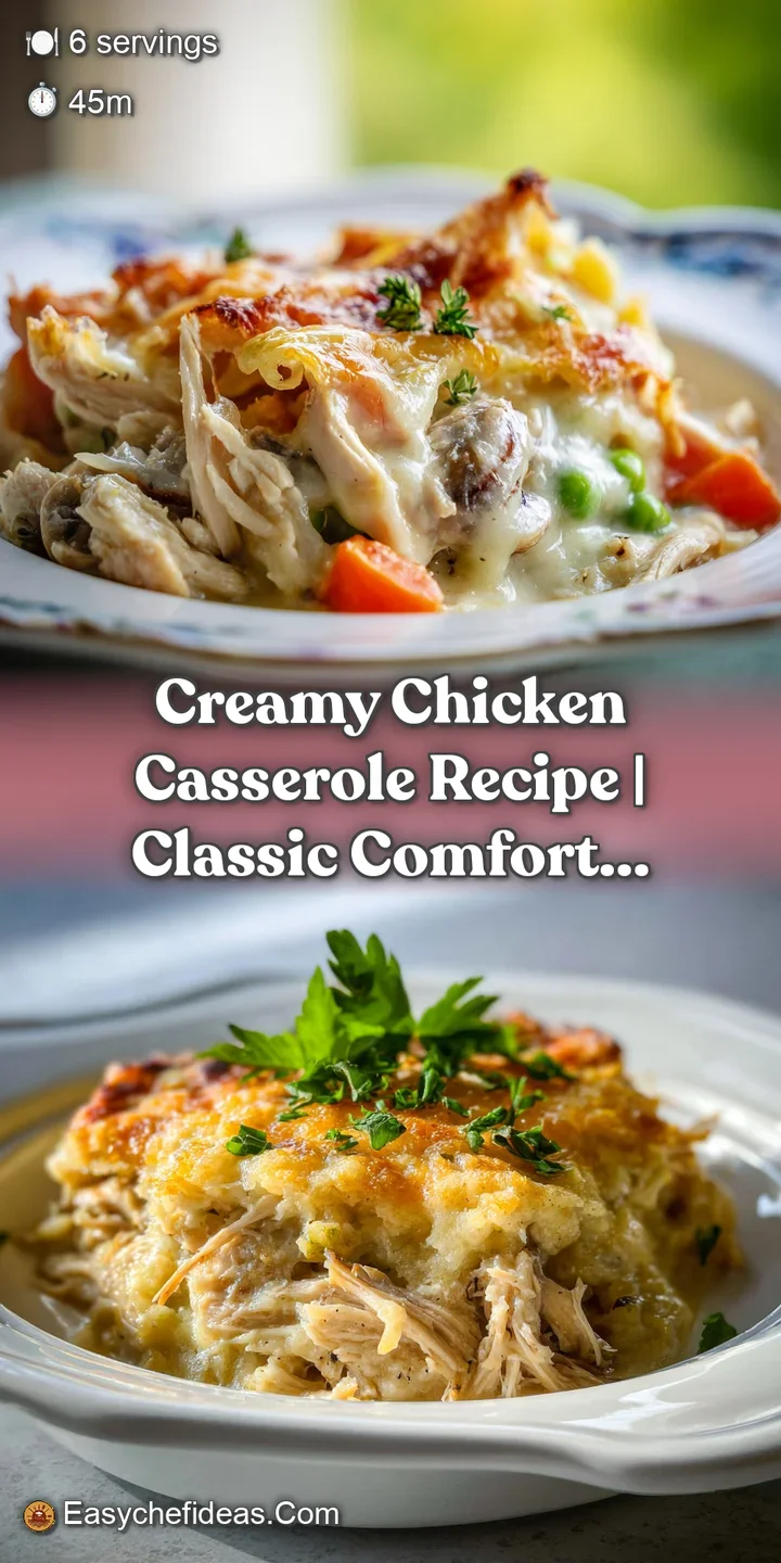 Close-up of creamy chicken casserole showing the bubbling, golden crust and tender chicken pieces. Rich and comforting, a ...
