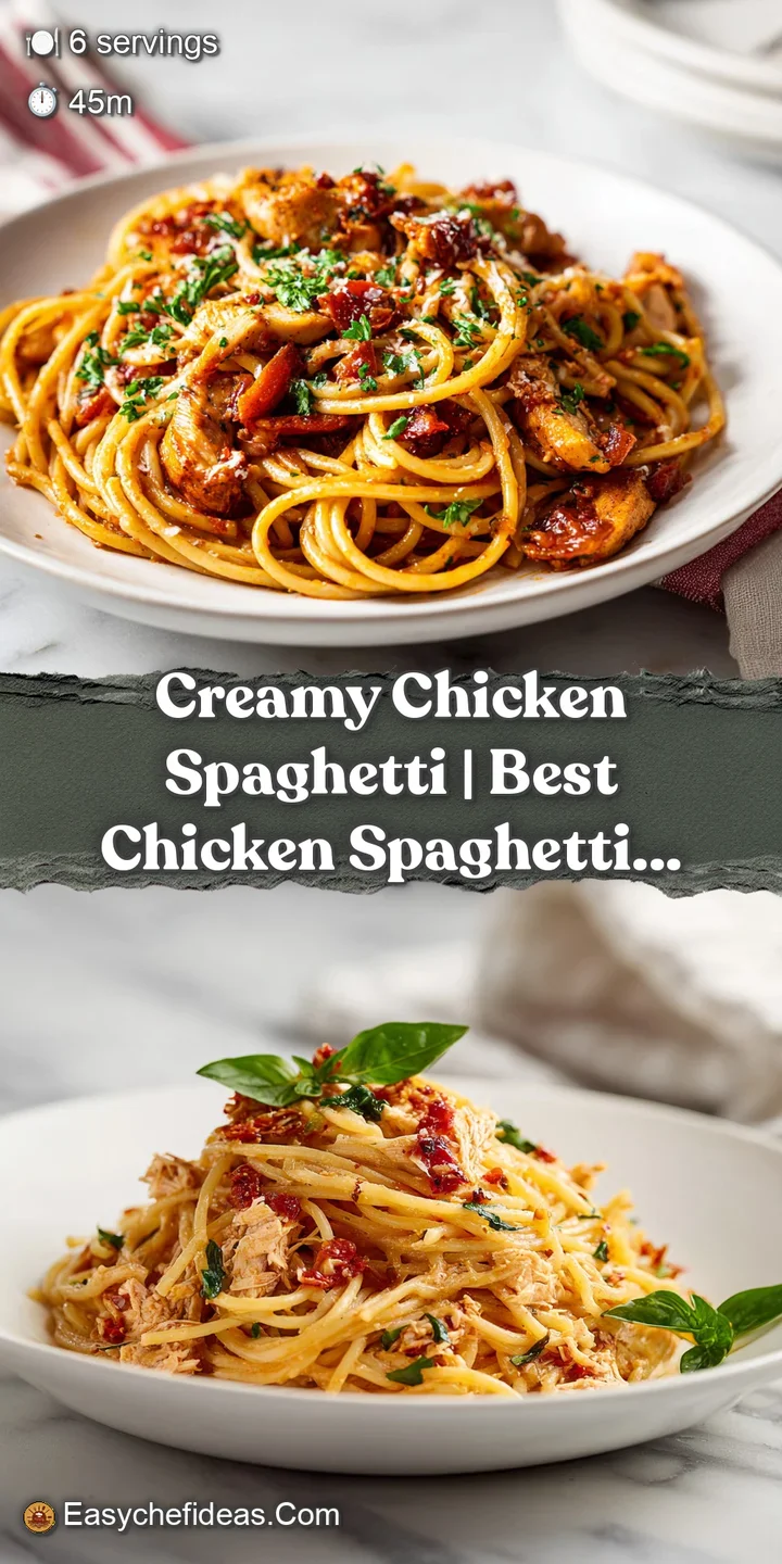 Close-up of glossy, cheesy chicken spaghetti twirled on a fork, with visible chunks of chicken and bright tomato pieces.