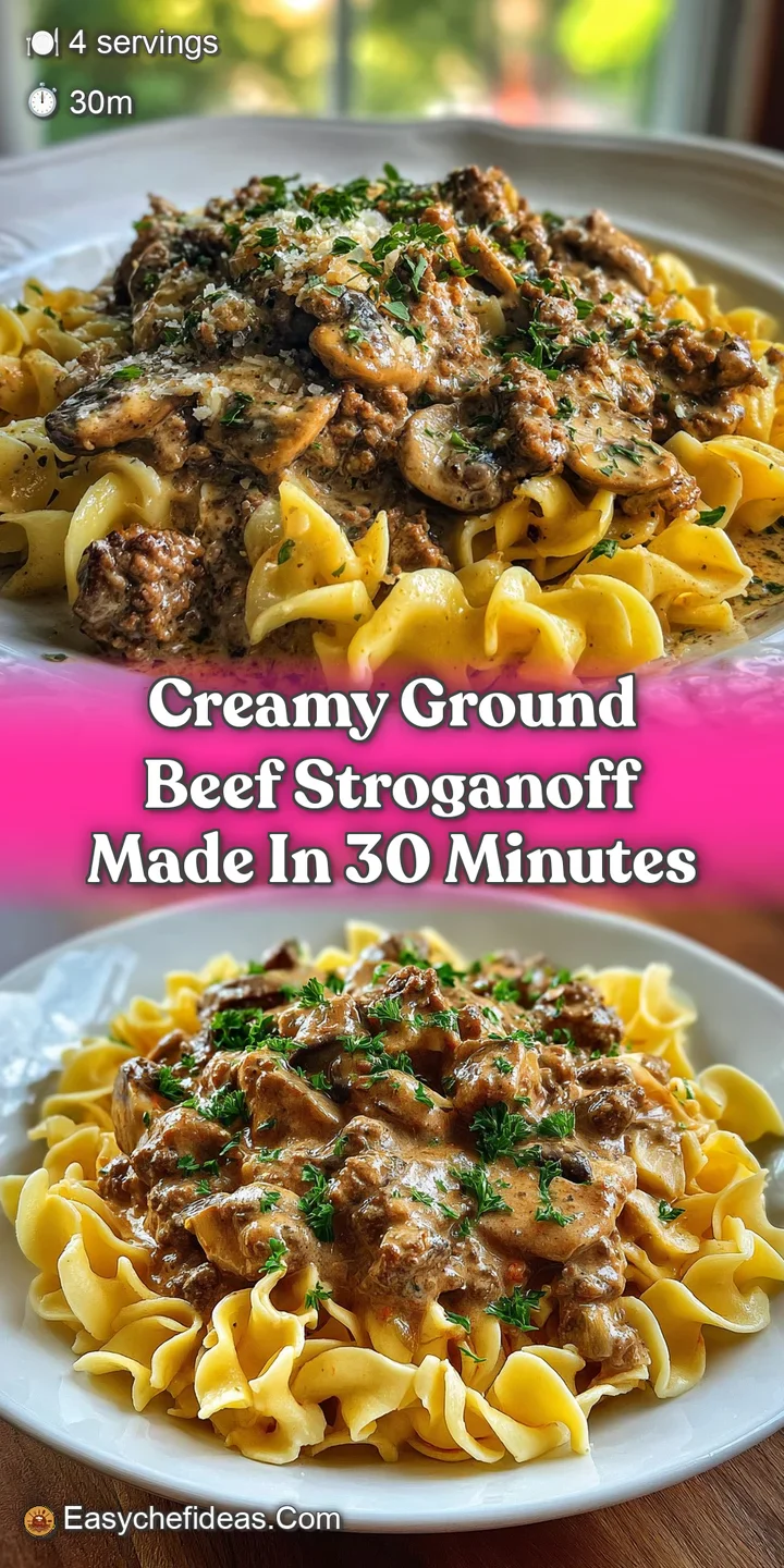 Close-up reveals glistening ground beef in a creamy, pale sauce, coating soft egg noodles. Garnished with vibrant green pa...
